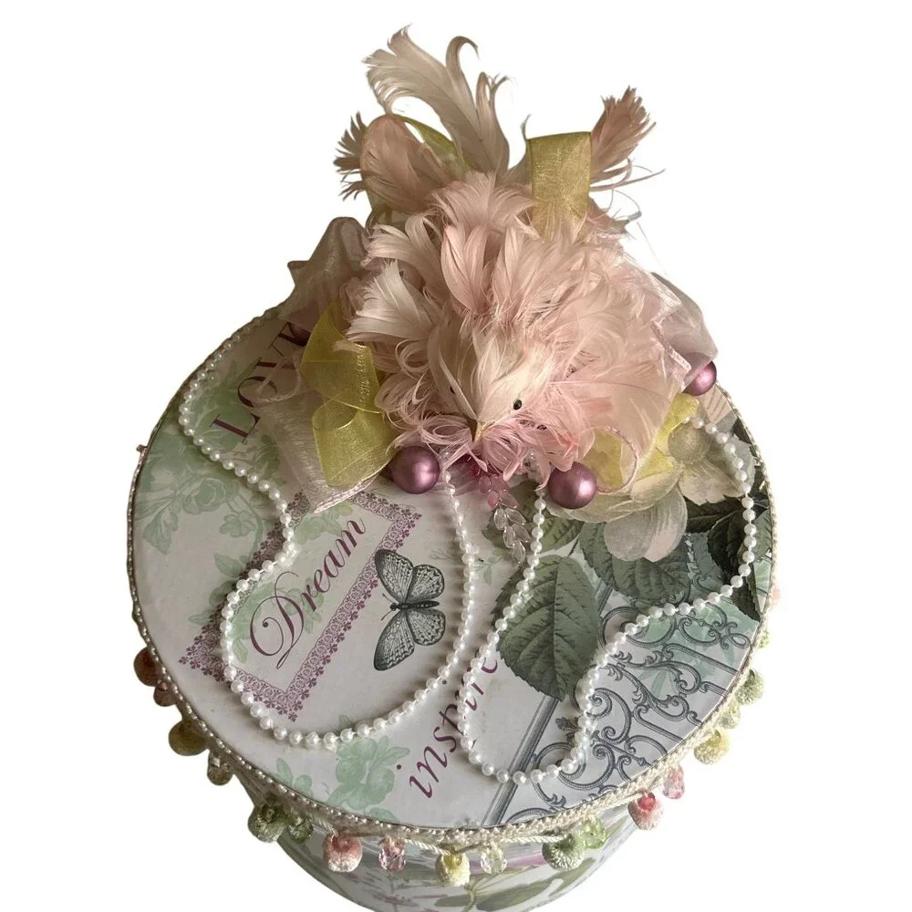 Handcrafted Floral Decorative Storage Box With Pink Feather Bird & Beads